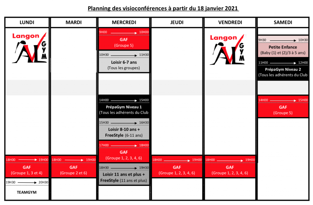 Planning des cours en visio à partir du 18 janvier 2021